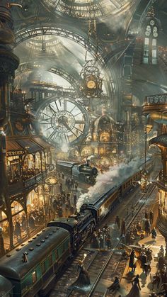 an artistic painting of a train station with people and trains in the middle of it