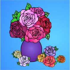 there are many flowers in the vase on the blue background, and one is purple