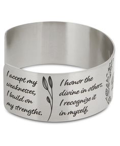 Each time you wear this ring is a chance to offer your gratitude for the abundant blessings in your life."I accept my weaknesses, I build on my strengths.I honor the divine in others. I recognize it in myself.I count my abundant blessings. I offer my gratitude.I trust my path. I keep my faith in all that I have"* Inspirational wide cuff bracelet* "I am blessed"* Made of stainless steel* Measures 6.5" around, 1" wide* Open band adjusts to fit most wrists Meaningful Faith-inspired Bracelet Jewelry, Adjustable Inspirational Jewelry For Meditation, My Strengths, Buddha Groove, Wide Cuff Bracelets, I Am Blessed, I Trust, Wide Cuff, The Divine