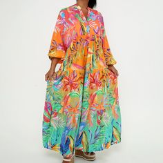 Embrace Your Inner Boho Fashionista With This Stunning Women's Tropical Print Maxi Dress By Lacocosh Usa. The Dress Features A Vibrant Multicolor Floral Pattern That Is Perfect For Any Summer Or Fall Occasion, Whether It Be A Casual Day Out Or A Party/Cocktail Event. The V-Neckline And Long Sleeves Add A Touch Of Elegance To The Dress, While The Tiered Design And Plus Size Fit Ensure A Comfortable And Flattering Fit For All Body Types. Made From High-Quality Viscose Material, This Dress Is Both Tropical Print Maxi Dress, Usa Dresses, Plus Size Fits, Cocktail Event, Viscose Fabric, Shades Of Orange, Tropical Print, Fall Dresses, Body Types