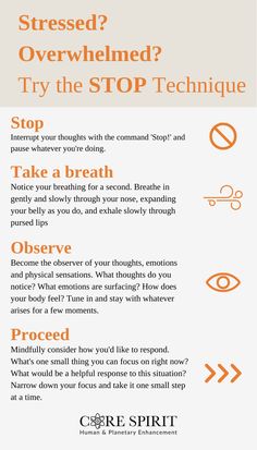 Stop - Interrupt your thoughts with the command 'STOP!' and pause whatever you're doing.
Take a breath - Notice your breathing for a second. Breathe in gently and slowly through your nose, and exhale slowly through pursed lips.
Observe - Become the observer of your thoughts, emotions and physical sensations. Tune in and stay with whatever arises for a few moments.
Proceed - Mindfully consider how you'd like to respond. Narrow down your focus and take it one small step at a time.

Corespirit.com How To Stop Being Impulsive, How To Stop Internalizing, Stop Technique, Shirley Valentine, Stop Feeling, Feeling Inadequate