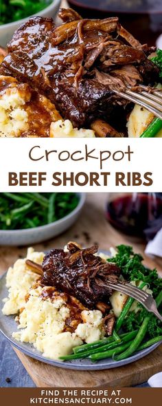 the crockpot beef short ribs are served with mashed potatoes and broccoli