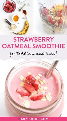 strawberry oatmeal smoothie for toddlers and kids with text overlay