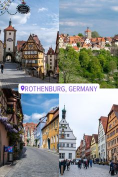 two pictures with people walking down the street in germany and one has buildings on both sides