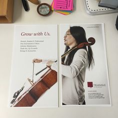 two brochures with an image of a woman playing the cello