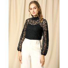 Crafted with vintage white lace, this sweet blouse infuses the ensemble with dainty femininity. This full-sleeve shirt is completed with gorgeous lace and elastic cuffs to finish your romantic and elegant look. The cute top is a timeless addition to your wardrobe. Suitable for Formal, Work, Office, Casual, Date, Night Club, Party, Shopping, Gathering, etc. Perfectly match high heels and a clutch bag for a vintage image and retro style. Elegant Long Sleeve Lace Top With Patchwork, Elegant Long Sleeve Lace Patchwork Top, Long Sleeve Lace Top With Lace Collar For Party, Elegant Lace Top With Lace Collar For Fall, Elegant Fall Lace Top With Lace Sleeves, Elegant Lace Top With Lace Sleeves For Fall, Elegant Lace Top With Lace Cuffs, Elegant Delicate Lace Top For Fall, Elegant Lace Patchwork Top For Fall