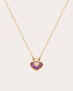 A nod to the planet of love, the Venus necklace centers its heart-shaped pendant around inlaid amethyst, a stone long believed to carry healing properties. Pavé-set diamond embellishments create ambient shimmer. Lobster claw clasp 18k yellow gold, amethyst and white diamond Diamond carat: 0.14 ctw Diamond color: G Diamond clarity: VS1 Polish with soft cloth Handmade in Lebanon Measurements Chain length: 16.53in Pendant length: 1.02in Venus Necklace, Diamond Carat, Diamond Pendant Necklace, Diamond Color, Healing Properties, Diamond Clarity, Diamond Pendant, White Diamond, Chain Lengths