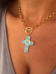 Turquoise Blue Cross Necklace, Large Black Enamel Necklace, Gift For Her/Mum, Thick Chunky Chain T-Clasp, Religious Christian Orthodox Jewel, Mother's Day Gift One-of-a-kind turquoise blue or black cross necklace! It features an enamel cross 28x40mm, 24K gold plated and a chunky chain 24k gold plated, too, that closes with a T-clasp. Ideal to wear all day, it looks great with your white shirt! This is a fall in love necklace, make it yours now! ✪How to calculate the length of your necklace:  Use a string to mark where you would like your necklace to hang. Lay the string on a ruler to measure the length. You may also like: https://www.etsy.com/listing/798260402/chunky-chain-turquoise-cross-necklace https://www.etsy.com/listing/818601013/turquoise-cross-necklace-mothers-day https://www.etsy. Opal Moon Necklace, Turquoise Cross Necklace, Black Cross Necklace, Enamel Cross, Turquoise Cross, Blue Cross, Enamel Necklaces, Jewelry Lookbook, Bleu Turquoise