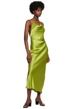 BEC + BRIDGE: Green Odessa Maxi Dress | SSENSE Silk Backless Bias Cut Halter Dress, Backless Silk Halter Dress With Bias Cut, Silk Bias Cut Backless Halter Dress, Green Silk Evening Slip Dress, Green Silk Slip Dress For Evening, Spring Silk Backless Dress, Spring Satin Halter Neck Backless Dress, Green Bias-cut Maxi Length Slip Dress, Green Bias Cut Maxi Length Slip Dress