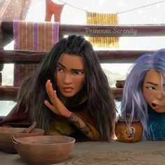 two animated women sitting at a table with bowls