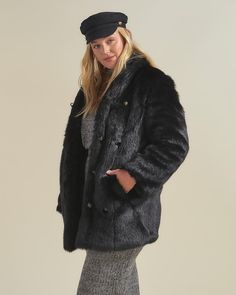 Black Panther Collared Faux Fur Coat | Women's - SpiritHoods Black Fur Coat With Pockets For Fall, Classic Black Fur Coat With Faux Fur Trim, Black Faux Fur Coat For Work, Black Faux Fur Coat For Workwear, Black Faux Fur Outerwear For Work, Classic Black Fur Coat With Faux Fur Lining, Classic Faux Fur Outerwear For Fall, Classic Black Outerwear With Faux Fur Trim, Classic Fall Faux Fur Outerwear