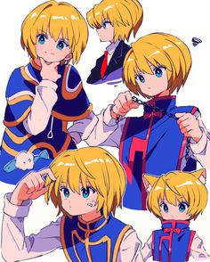 four anime characters with blonde hair and blue eyes, one in uniform is pointing at the camera