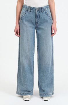 These '70s-inspired wide-leg palazzo jeans are remade for today from nonstretch denim in a casual-chic light wash. 32" inseam; 24" leg opening; 11" front rise Zip fly with button closure Front slant pockets; back patch pockets 70% cotton, 30% organic cotton Machine wash, dry flat Imported Summer Wide Leg Flare Jeans For Everyday, High Rise Wide Leg Pants For Summer, Summer High Rise Wide Leg Pants For Everyday, High Rise Wide Leg Pants For Summer Everyday Wear, Retro Wide Leg Jeans For Everyday, Everyday Summer Full-length Flare Jeans, Summer Washed Blue Flare Jeans For Everyday, Washed Blue Flare Jeans For Everyday Summer Wear, Washed Blue Flare Jeans For Summer