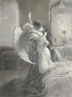 an angel is hugging a woman on the bed