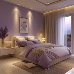 a bedroom with purple walls and white bedding in front of a large sliding glass door