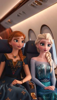 two frozen princesses are sitting on an airplane and one is looking at the camera