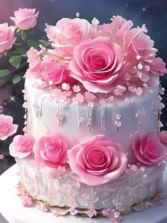 a three tiered cake with pink roses on top and icing dripping down the side