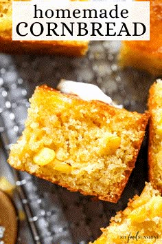 homemade cornbread on a cooling rack with text overlay