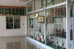 a room filled with lots of glass shelves covered in trophies