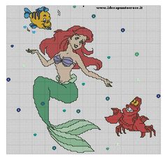 the little mermaid cross stitch pattern is shown with an image of ariel and her crab