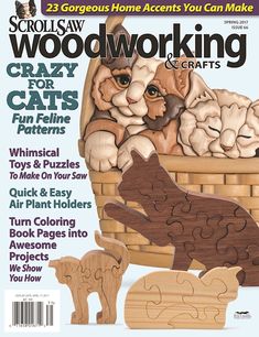 the cover of woodworking and crafts magazine with an image of two cats in a basket