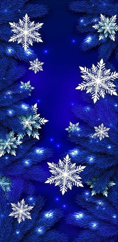 snowflakes on a blue background with stars and sparkles in the dark sky