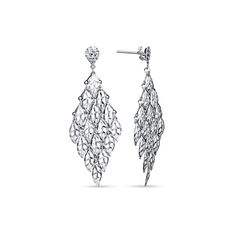 Pair of white gold leaves-shaped earrings on a white background. Elegant Drop Earrings With Diamond Cut, Elegant Teardrop Diamond Cut Chandelier Earrings, Elegant Long Drop Diamond Cut Earrings, Formal Briolette Diamond Cut Earrings, Fine Jewelry Briolette Earrings For Evening, Elegant Drop Chandelier Earrings, Elegant Pierced Briolette Earrings, Evening Drop Earrings With Diamond Cut, Silver Briolette Earrings For Evening