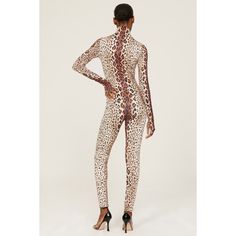 Brown leopard mesh (95% Polyester, 5% Spandex). Jumpsuit. Long sleeves. Mock neck. Back button closure. 57.5" from shoulder to hemline. 30" inseam. 10.5" rise. Imported. Fitted Elastane Unitard For Fall, Fitted High Neck Unitard For Fall, Fitted Leopard Print Bodysuit For Party, Spandex Jumpsuit, Animal Print Jumpsuit, Jumpsuit Long, Bold Jewelry, Rent The Runway, Perfect Foundation