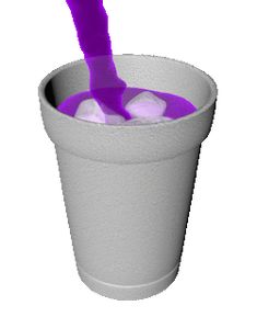 a purple object sticking out of the ice in a cup filled with white cubes