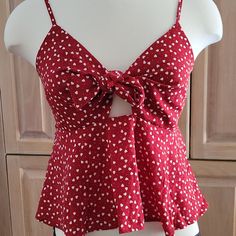 Adorable Front-Tie Red Peplum Top From Shein With White Hearts And Polka Dots, Size Medium Red Sleeveless Top With Cherry Print, Sleeveless Red Top With Cherry Print, Cute Red V-neck Top, Chic Red Tie-back Top, Chic Red Tie Back Top, Cute V-neck Top With Heart Print, Cute Red Tops For Vacation, Cute Sleeveless Tops With Heart Print, Red Casual Tie Back Top