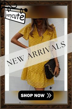 Yellow Swiss Dot Ruffle A-line Dress Yellow A-line Midi Dress With Ruffles, Yellow A-line Mini Dress With Ruffles, Spring A-line Shift Mini Dress, Spring A-line Mini Dress With Relaxed Fit, Spring A-line Mini Dress With Ruffles, Yellow Shift Mini Dress, Summer Date Dress With Ruffles, A-line Shift Dress For Brunch, Spring Date A-line Dress