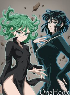 two anime characters one with green hair and the other wearing black, standing next to each other