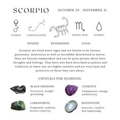 the zodiac sign for scorpio is shown in black and white, with other symbols