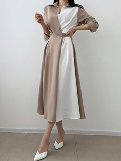 French Lapel Knee-length Dress Design In Summer Feels Contrast Color Stitching Midi Dress Elegant, 50th Clothing, Dress Korean, Shirt Female, Elegant Dresses For Women, Korean Dress, Puff Sleeve Dresses, Short Sleeve Dress, Dress Design