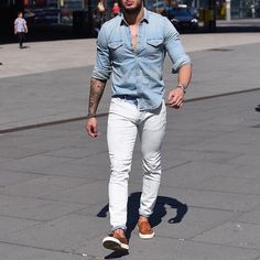 Outfit Pantalon, White Outfit For Men, Double Denim Looks, White Jeans Outfit, Fashion Network, Outfits Hombre