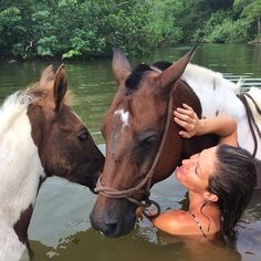 two horses and a woman in the water