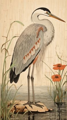 a painting of a crane standing on a rock in the water with orange flowers behind it