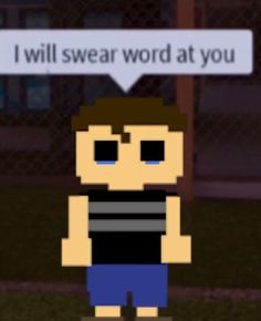 a cartoon character is standing in front of a sign that says i will swear word at you