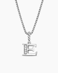 Pavé Initial Pendant Necklace in Sterling Silver with Diamond E Elegant Silver Custom Necklace With Initial Pendant, Elegant Silver Initial Pendant Custom Necklace, Elegant Silver Initial Pendant Necklace, Formal Sterling Silver Initial Pendant Necklace, Sterling Silver Initial Pendant Necklace For Formal, Sterling Silver Initial Pendant Necklace For Formal Occasions, Elegant Jewelry With Initial Pendant On Box Chain, Custom White Gold Necklace With Initial Pendant, White Gold Custom Necklace With Initial Pendant