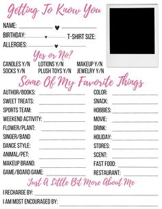 a pink and black printable birthday party game with the words getting to know you