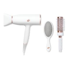 AireLuxe Professional Hair Dryer and Brush Set - AIRELUXE + BRUSH SETFeaturesT3 RapidAire IQ Technology: Pairs digitally controlled heat with a wide, ion-rich airflow to cut dry time and preserve more of hairs natural moistureIon generator: Infuses airflow with 10 million negative ions per second to reduce frizz and smooth the hair cuticle for a shiny finish5 heat and 3 speed settings: Offer healthy drying and flexible styling for all hair typesVolume Boost Switch: Boosts texture and volumeLock- T3 Hair Dryer, Detangle Brush, Hair Cuticle, Roll Hairstyle, Professional Hair Dryer, Hair Dryer Brush, Detangling Brush, Hair Detangler, Fun Shots