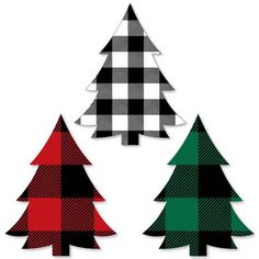 three plaid christmas trees with different colors