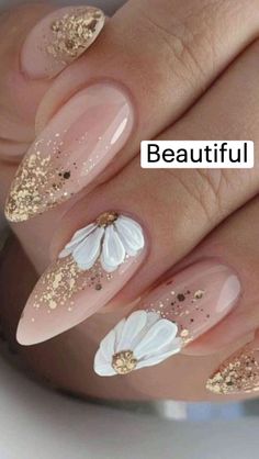 "Your nails are like jewels, don't use them like tools."  #NailArt#TheDay#NailTime#Beautiful#NailArtSwag#Designs#Glitter#WOW. Stylish Almond Nails Designs, Best Bridal Nails, Elegant Nails With Flowers, Almond Nail Art Ideas, Cute Korean Nails Almond, Elegant Floral Nails, Nails French With Gold, Elegant Acrylic Nails Almond, Almond Elegant Nails