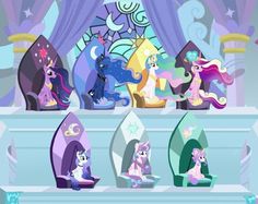 several little ponys are standing in front of a stage with lights and stars on it