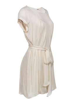 Grab this sheer, dreamy dress today from L'Agence for some romance! Made with a pleated design, this is a belted beauty to wear with strappy sandals, golden accessories and your favorite nude lipstick. Go on and be a bit angelic! Size 2 100% Silk Rounded neckline Shift silhouette Short sleeve Tied belt included Pleated front design Sheer material with slip dress Waist 34" Bust 36" Total length 35.5" Fitted Belted Dress With Pleated Waist For Summer, Fitted Summer Belted Dress With Pleated Waist, Elegant Beige Belted Dress, Chic Pleated Waist Dress For Day Out, Elegant Pleated Belted Dress For Spring, Elegant Spring Pleated Belted Dress, Elegant Belted Pleated Dress For Formal Occasions, Elegant Summer Dress With Pleated Waist, Elegant Spring Belted Pleated Dress