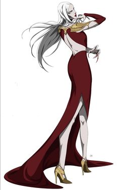 a drawing of a woman in a red dress with long white hair and high heels