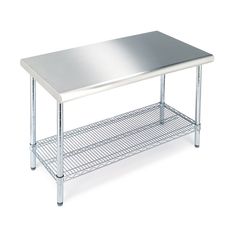 a stainless steel table with two shelves on each side