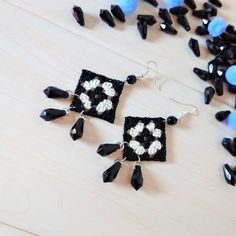 Dual colors earrings for woman, Awesome jewelry for mother in law, Dangling bijouterie for Birthday gift, Fun handcrafted surprise for her Amazing and unique earrings - Crochet earrings in the shape of squares -   geometric earrings - black and white colors with black "tears" beads.  All cotton elements(crochet) are stiffened. Earrings in the granny squares motives but in the modern and trendy  style. ❤❤ All crochet elements are carefully made of cotton and stiffened.  If you take care of them, Black Chandelier Earrings With Colorful Beads As Gift, Black Chandelier Earrings With Colorful Beads, Crochet Elements, Earrings Crochet, Surprises For Her, Black Tears, White Colors, Trendy Style, Earrings Black