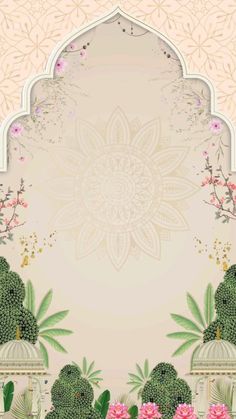 an ornate background with pink flowers and green plants