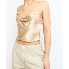 Gold Satin Cowl Neck Crop Top Brand New With Tags Size Xs Concealed Zipper At Side + Adjustable Straps Chic Beige Zara Crop Top, Elegant Gold Crop Top For Spring, Zara Gold Tops For Spring, Cowl Neck Crop Top, Satin Corset Top, Satin Bustier, Satin Cami Top, Satin Crop Top, Satin Cami